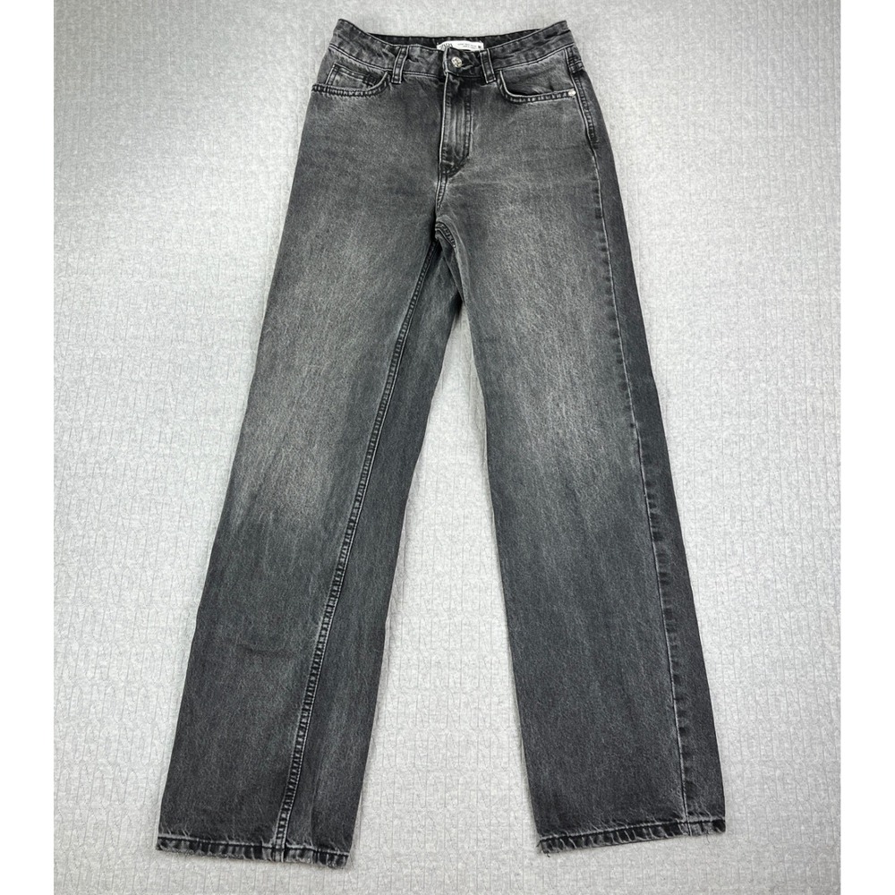 Zara Wide Leg Jeans Women 2/26x32 Black High Waisted black fade Washed Denim Y2K